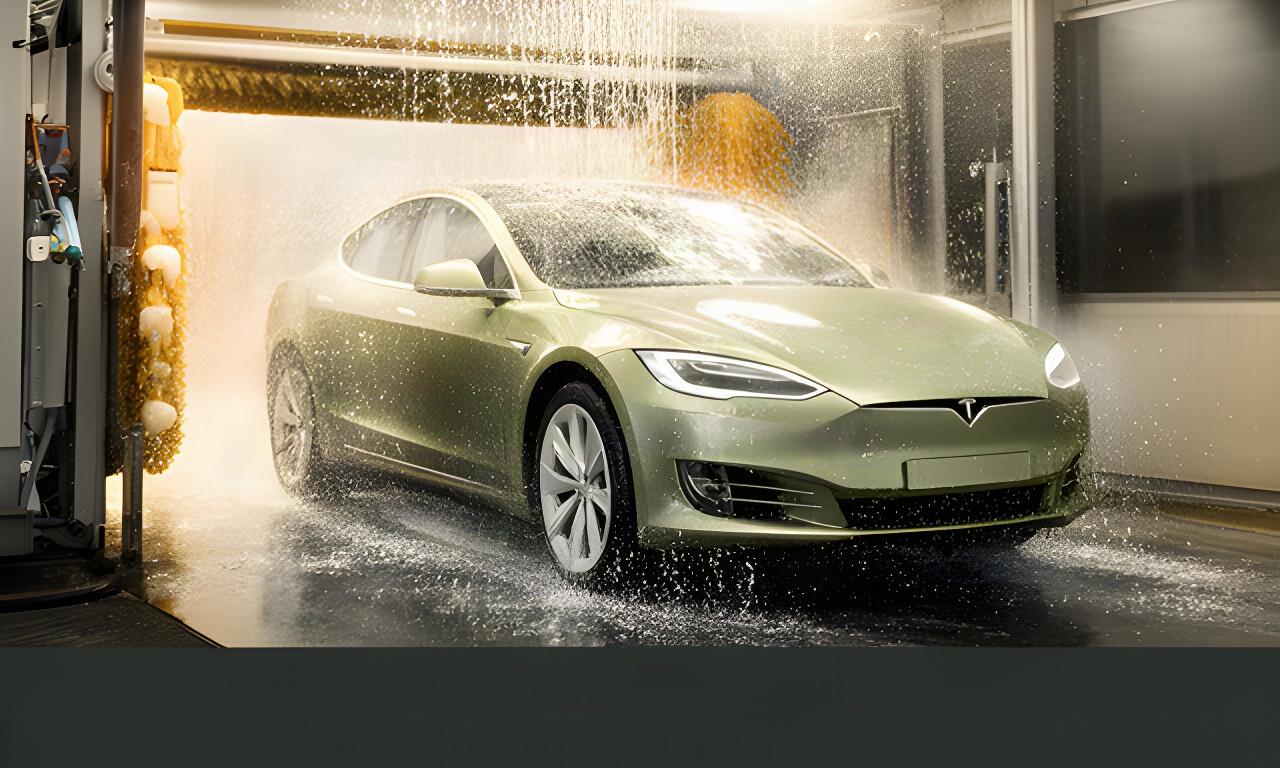 Coche reluciente saliendo de un túnel de lavado automático con agua en movimiento en Sagunto